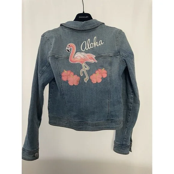 Denim Jean Stretch Jacket Embroidered Flamingo Aloha SZ S/M - Picture 1 of 11